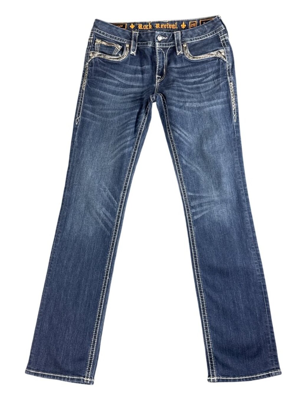 Rock Revival Deeka Straight Jeans 29 Stretch Embroidered Fleur-De-Lis Pockets
